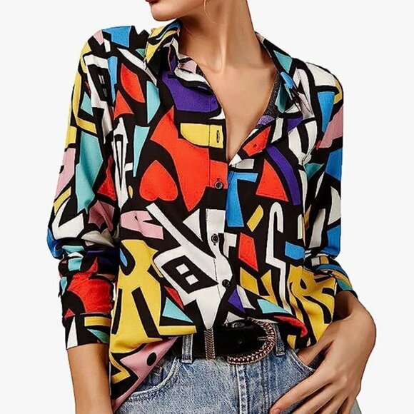 Women's Retro Pop Art Print Shirt Button Front Long Sleeves Colorful Abstract M - Picture 1 of 10
